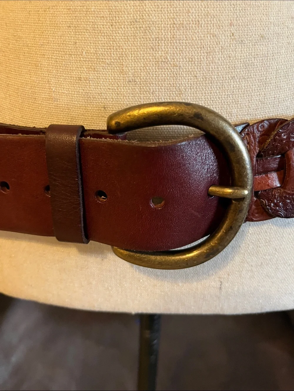 Fossil Tooled Chain Woven Belt Brown Leather Western Wide 2.75